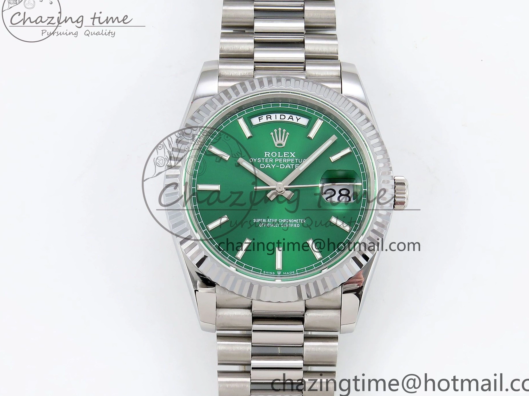Stick Steel SS 40 Dial (Gain V3 Light JDF Weight) President Green DayDate on VR3255 904L Bracelet 0401